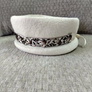 Vintage Winter White Wool Hat with Beaded Ribbon Band Made in Italy